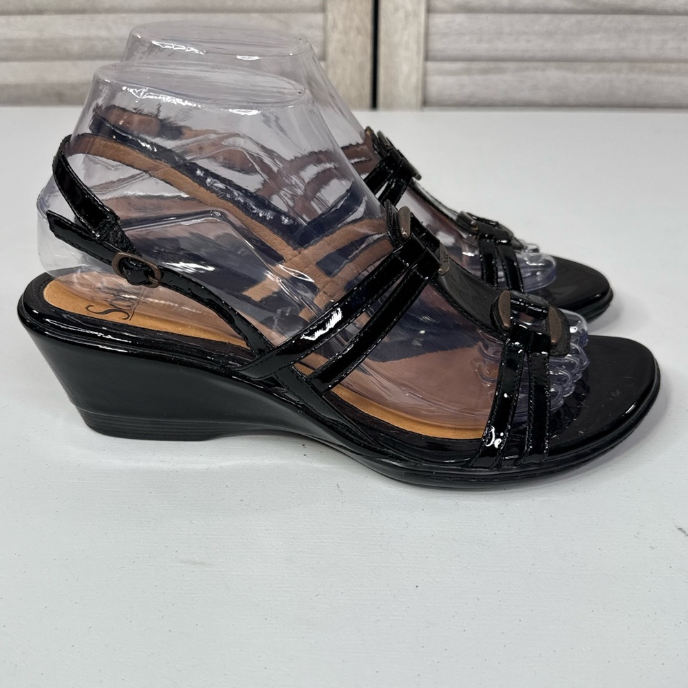 SOFFT Women's T-Strap Patent Leather Wedge Sandal Black-8 - Picture 2 of 6